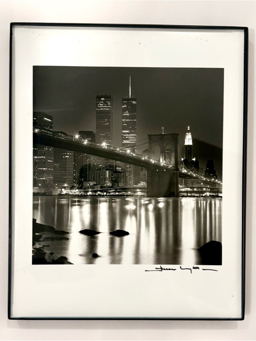 Vintage Signed B/W Picture NYC World Trade Center Twin Towers Brooklyn Bridge